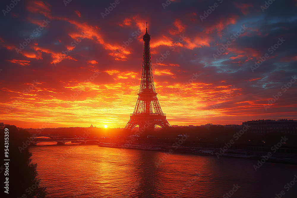 Eiffel Tower at sunset in Paris, France, Romantic travel background Eiffel Tower at sunset in Paris, France, Romantic travel background