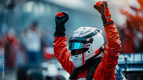 A race car driver in a red suit and helmet raises both arms in celebration after winning a race, with the blurred crowd and pit crew in the background highlighting the excitement of the moment.