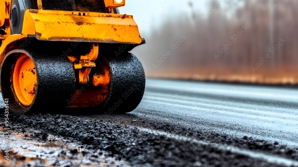 Steamroller Smooths Newly Laid Asphalt on Highway Construction Site Steamroller Smooths Newly Laid Asphalt on Highway Construction Site