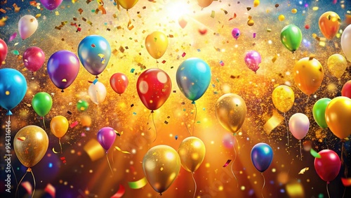 Vibrant colorful background with confetti and balloons, warm golden lighting, and joyful atmosphere, capturing the excitement and celebration of the start of the weekend. photo