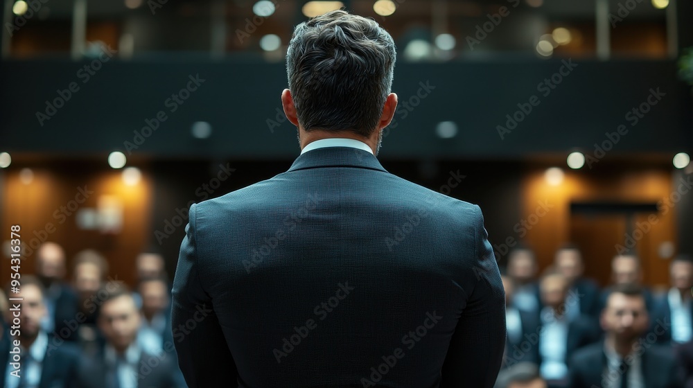 A man stands in front of a crowd, giving a speech A man stands in front of a crowd, giving a speech