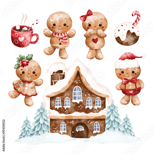 Watercolor Illustration Set of Gingerbread and Christmas Ornaments