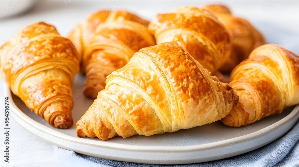 Sunlit Golden Croissants Artfully Arranged on a Plate Sunlit Golden Croissants Artfully Arranged on a Plate