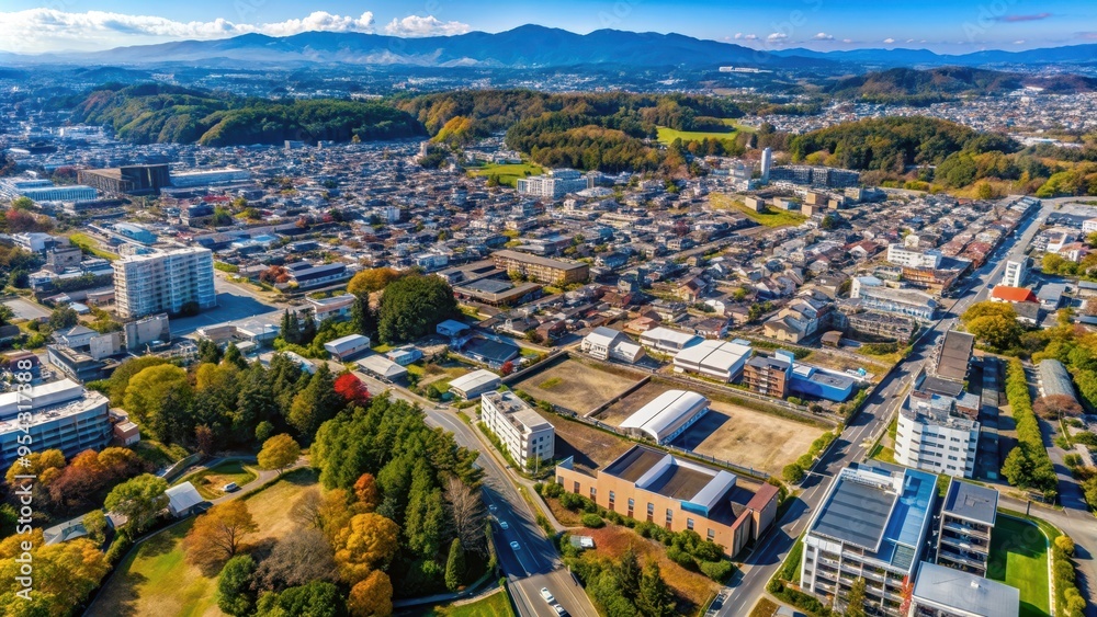 Naklejka premium Aerial view of the cityscape of Soka City, Saitama Prefecture, Japan taken by a drone, Soka City, Saitama, Japan