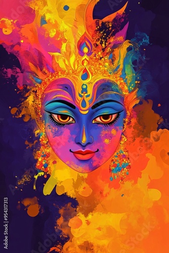 Colorful illustration of hindu goddess durga face for durga puja, an indian festival