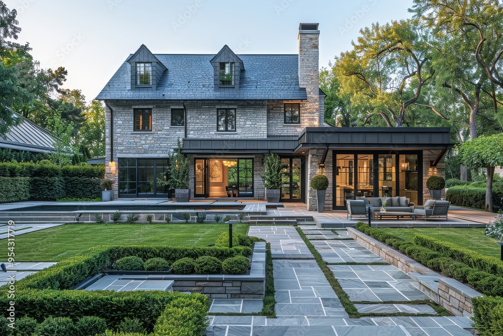 Wide shot of a modern farmhouse with blue shingle roof and gray stone accents, featuring high-end landscaping with clean lines, smooth stone walls, square trees, green hedges, flat concrete floor, and