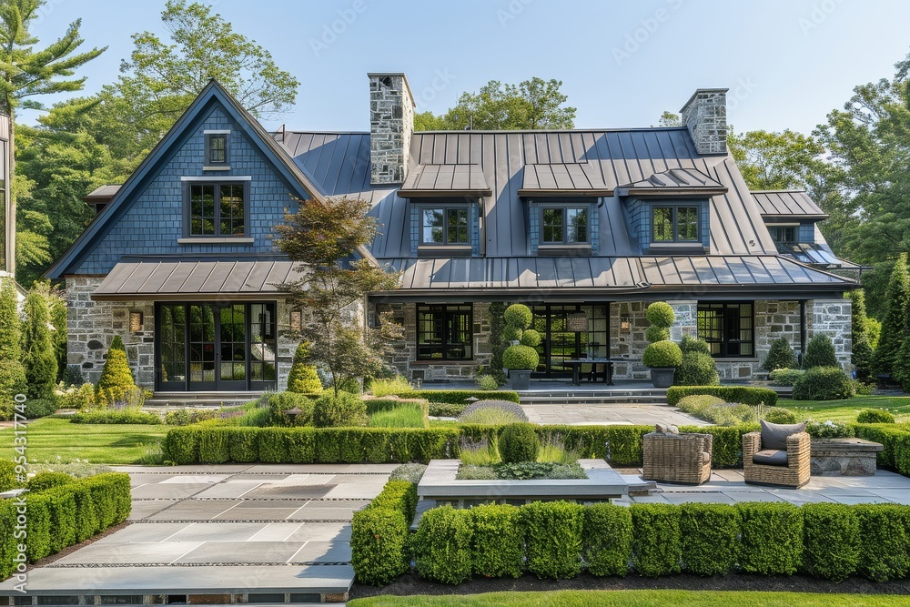 Wide shot of a modern farmhouse with blue shingle roof and gray stone accents, featuring high-end landscaping with clean lines, smooth stone walls, square trees, green hedges, flat concrete floor, and Wide shot of a modern farmhouse with blue shingle roof and gray stone accents, featuring high-end landscaping with clean lines, smooth stone walls, square trees, green hedges, flat concrete floor, and