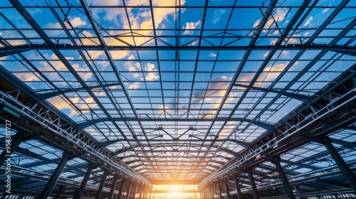 Steel roof truss framework at construction site with stunning sky view above the building