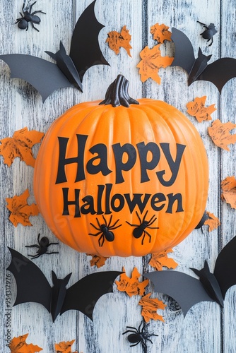 Halloween-themed orange pumpkin with happy halloween text, bats, spiders, and orange leaves on a white wooden background photo