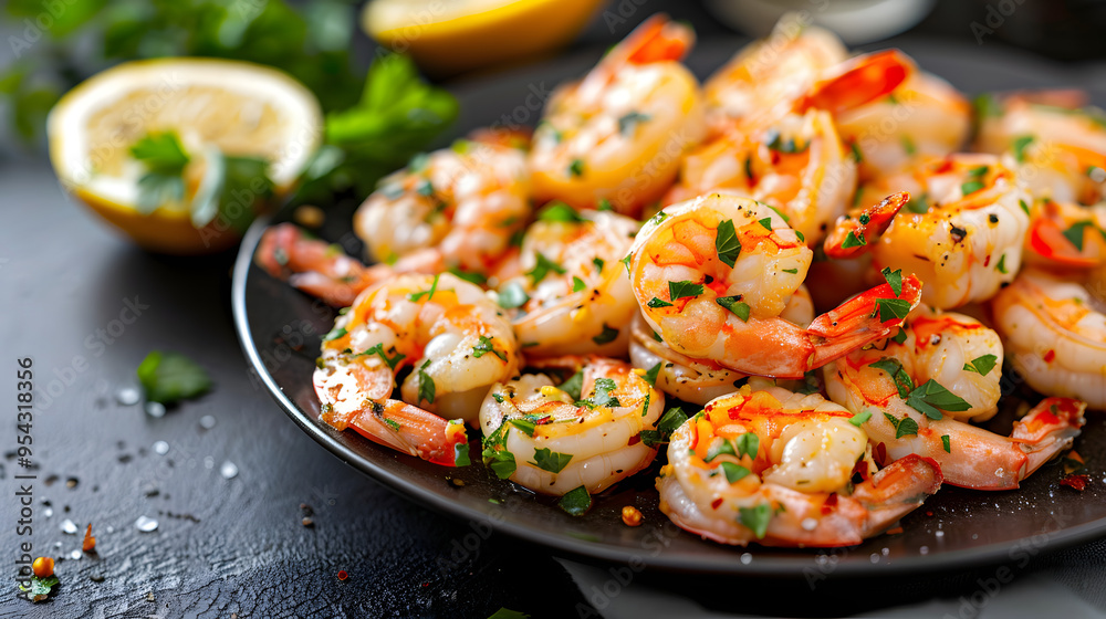 A close-up of a plate filled with cooked shrimp garnished with fresh herbs and served with lemon halves, set on a dark surface, showcasing a delicious and visually appealing dish. A close-up of a plate filled with cooked shrimp garnished with fresh herbs and served with lemon halves, set on a dark surface, showcasing a delicious and visually appealing dish.