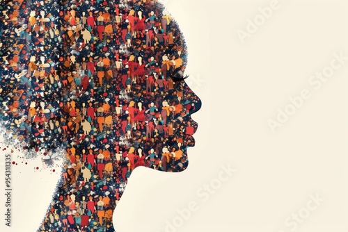 Wallpaper Mural Profile of a woman's face composed of various people’s silhouettes, symbolizing community and diversity, with blank copy space. Flat color vector illustration with close-up view. Torontodigital.ca