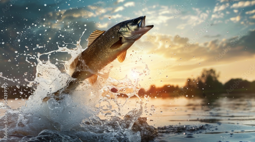 Obraz premium Close up of a fish leaping from lake water with splashing and a stunning sky in the background