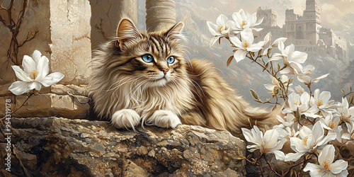 A portrait of an extremely beautiful long-haired beige cat with blue eyes sitting on top of rocks, generative AI