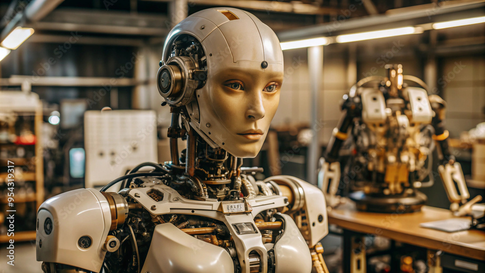 custom made wallpaper toronto digitalThe Gaze of Tomorrow: A hyperrealistic female android stands amidst the organized chaos of a robotics workshop, her serene expression hinting at the boundless potential of artificial intelligence. 