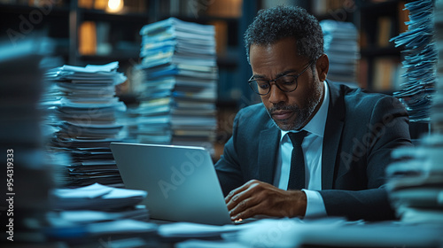 A professional man in a suit engrossed in work at his laptop surrounded by stacks of paperwork in a dimly lit office.