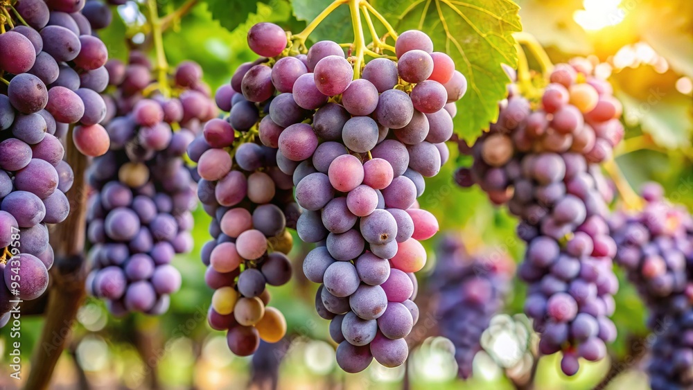 Close-Up Of A Bunch Of Ripe Lilac Grapes Hanging On The Vine In A Vineyard Close-Up Of A Bunch Of Ripe Lilac Grapes Hanging On The Vine In A Vineyard
