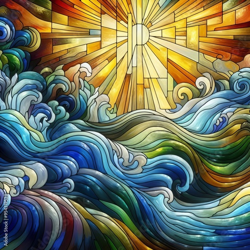  Stained Glass Symphony Waves depicted in stained glass with col photo