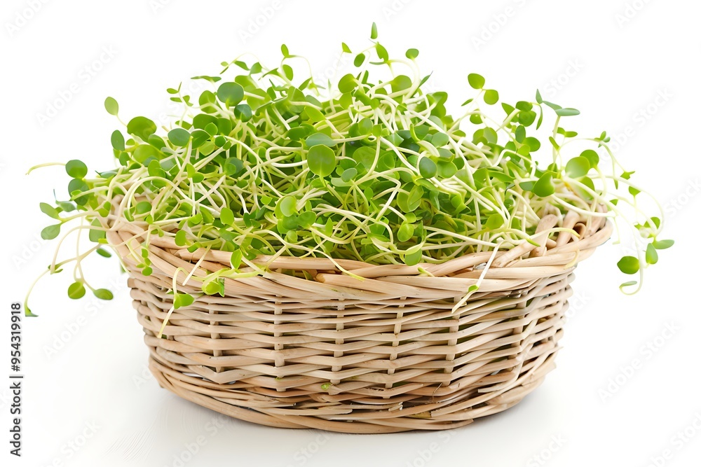 Fresh Alfalfa sprouts Fruit in a basket on white.