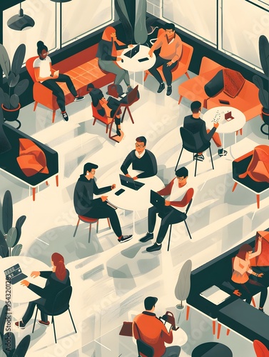 Illustration of A trendy coworking space with freelancers working as their devices and surroundings are caught in a digital meltdown. Ai Generate.

