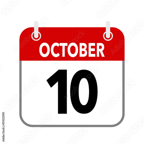 10 October, calendar date icon on white background.