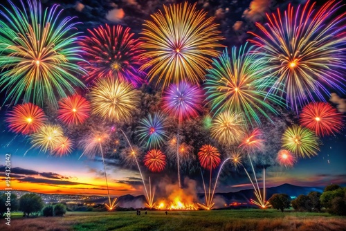 Vibrant colorful explosions fill the night sky as multiple fireworks burst simultaneously, casting a kaleidoscope of photo