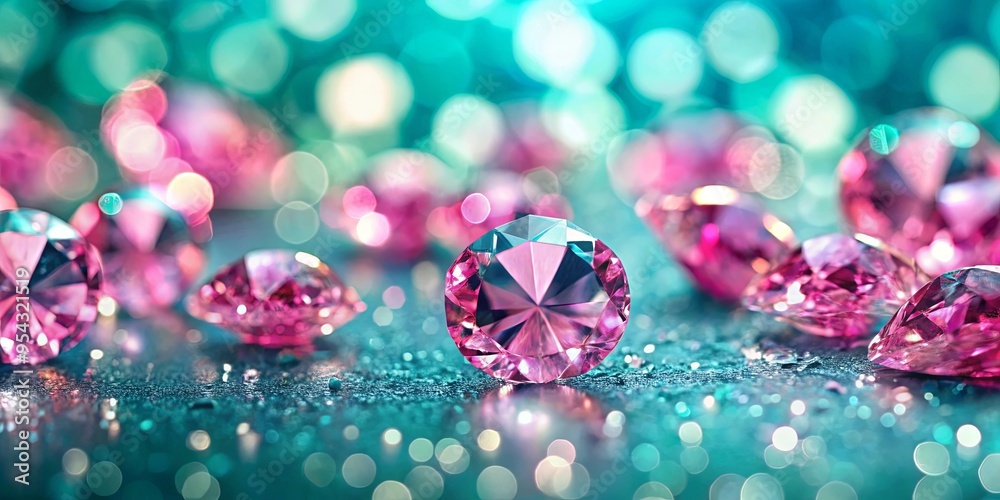 Close up of beautiful pink diamonds on turquoise surface with soft bokeh background Close up of beautiful pink diamonds on turquoise surface with soft bokeh background