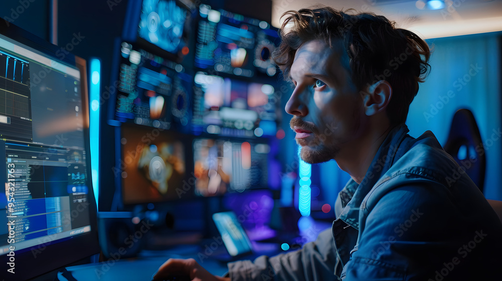A focused video editor intensely working on a project, using multiple screens in a dark studio. The setup features high-tech equipment with vibrant LED lighting, ideal for post-production. A focused video editor intensely working on a project, using multiple screens in a dark studio. The setup features high-tech equipment with vibrant LED lighting, ideal for post-production.