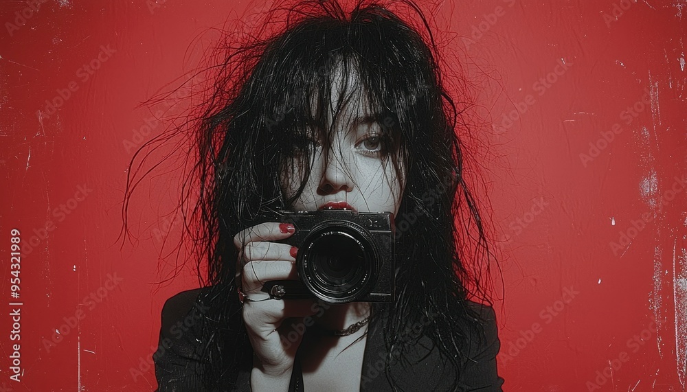 Obraz premium A Woman with Black Hair and Red Lips Holds a Camera in Front of a Red Background