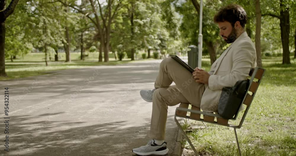 A businessman working on a laptop, sitting on a bench in the park.