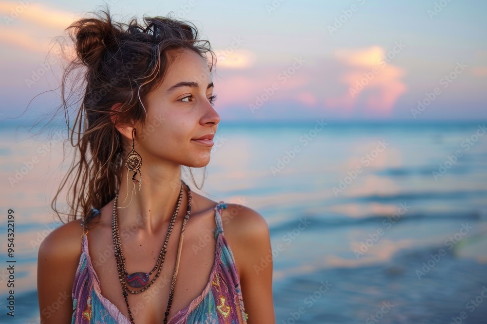 Bohemian woman at sunset on beach, adorned in rustic jewelry, gazing at the ocean s beauty Bohemian woman at sunset on beach, adorned in rustic jewelry, gazing at the ocean s beauty
