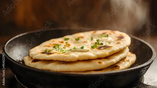 Fragrant Garlic Butter Naan Bread Sizzling on Skillet