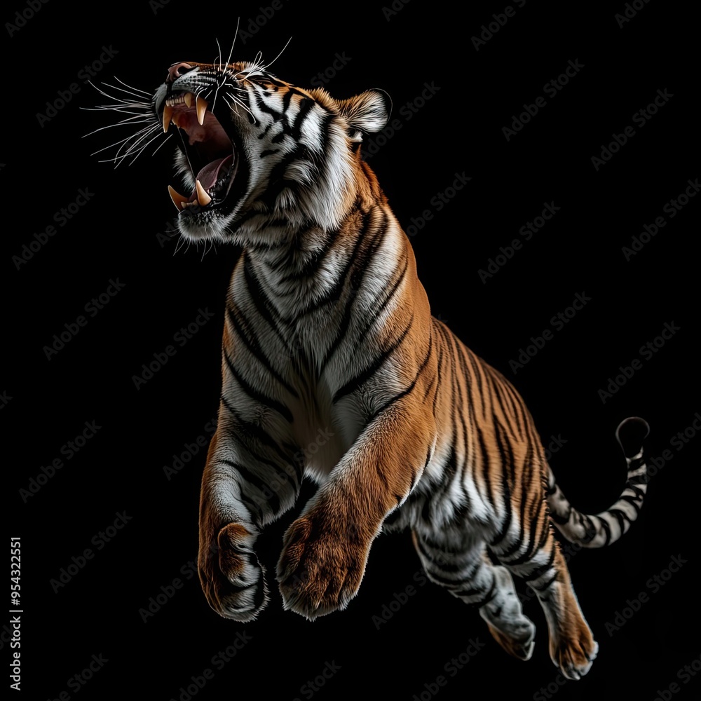 Obraz premium A Roaring Tiger Leaping in Mid-Air Against a Black Background