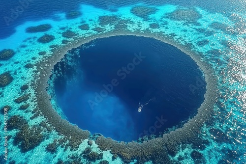 Aerial view of a boat at the edge of a vast, deep blue hole in the middle of a turquoise ocean reef. photo