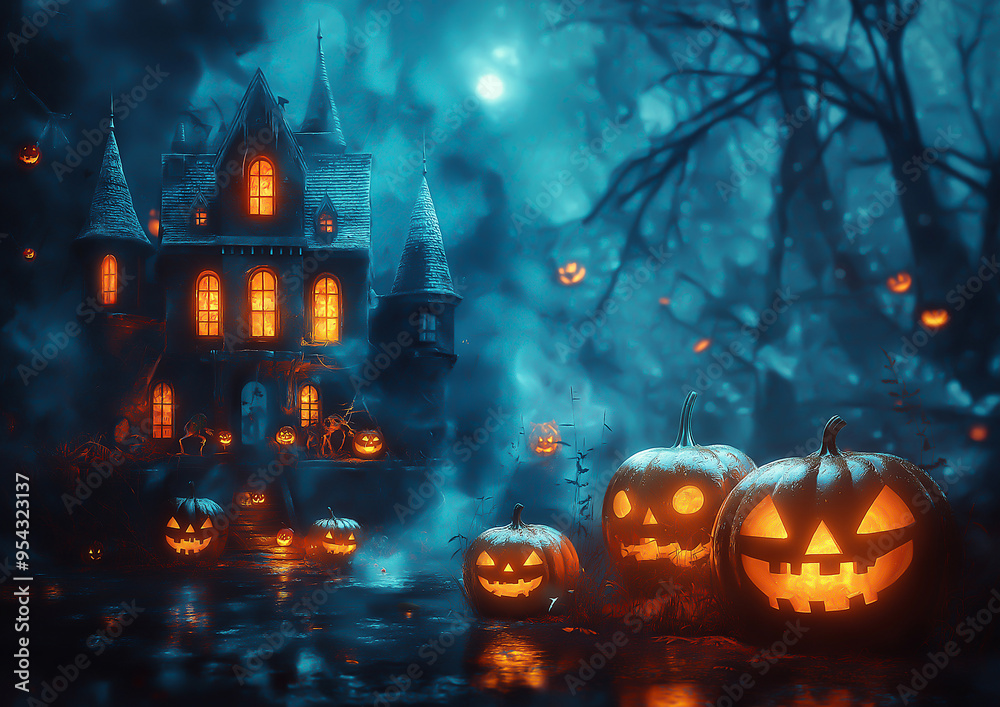 Halloween background with pumpkins, candles, castle sence. Spooky dark night scene. Halloween concept for design, splash art Halloween background with pumpkins, candles, castle sence. Spooky dark night scene. Halloween concept for design, splash art