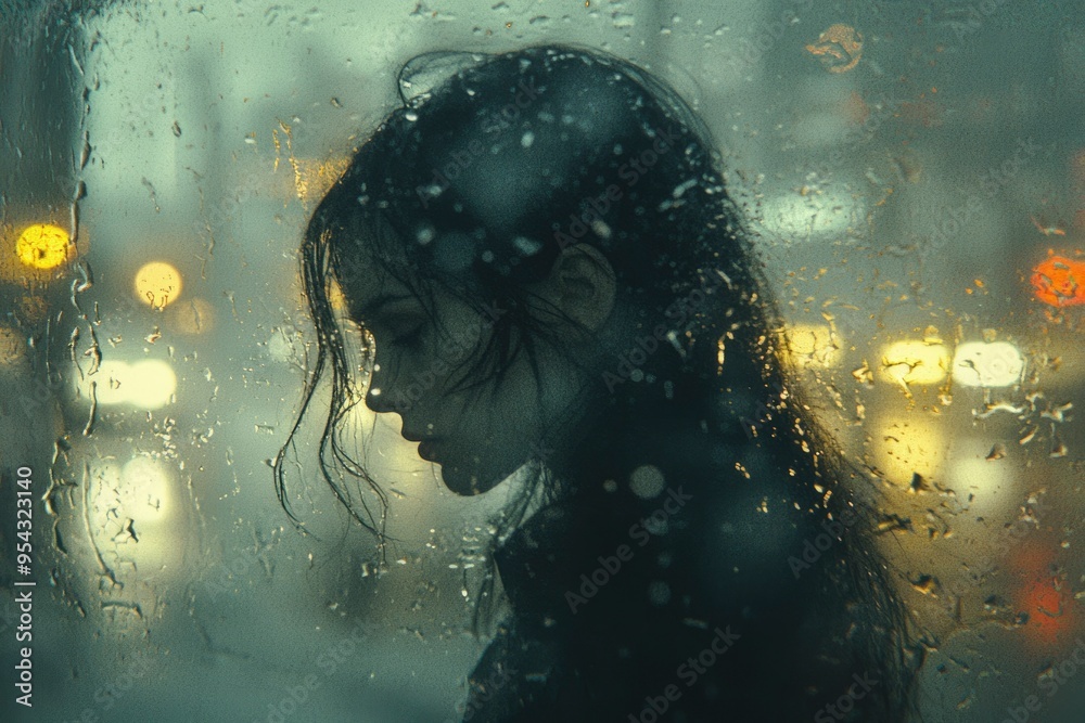 Fototapeta premium Silhouette of a Woman Gazing Through a Rain-Streaked Window