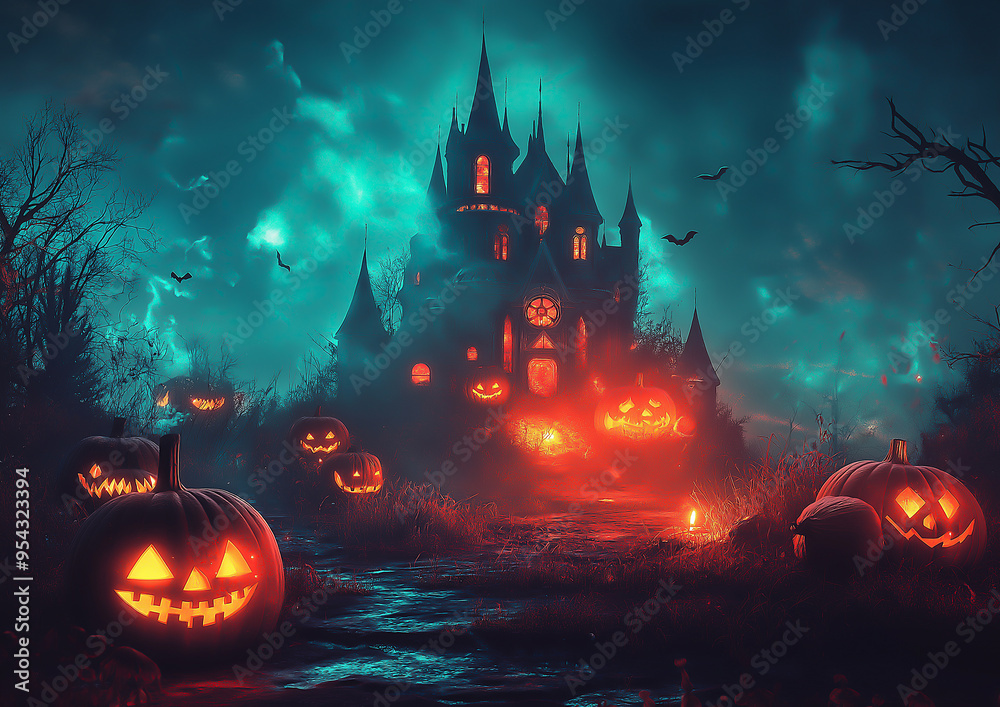 Halloween background with pumpkins, candles, castle sence. Spooky dark night scene. Halloween concept for design, splash art Halloween background with pumpkins, candles, castle sence. Spooky dark night scene. Halloween concept for design, splash art