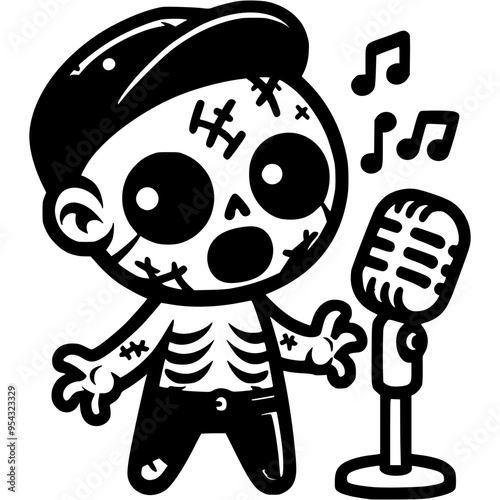 Zombie singer sings into a microphone in a karaoke club in monochrome. Simple minimalistic vector in black ink drawing on transparent background