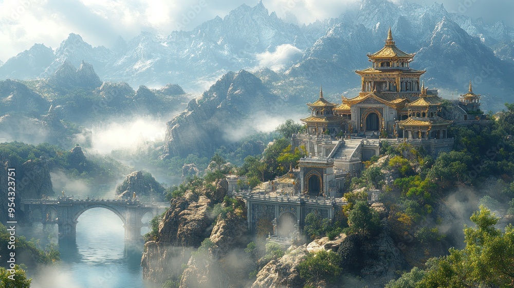 Serene mountain landscape featuring a majestic temple and bridge. Serene mountain landscape featuring a majestic temple and bridge.