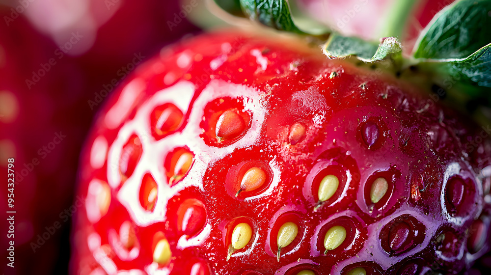 Close-up of a single strawberry, highlighting its seeds and bright Close-up of a single strawberry, highlighting its seeds and bright