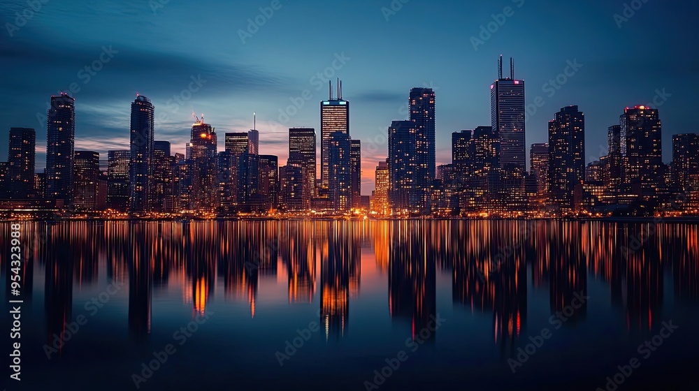 Fototapeta premium Illuminated Skyscrapers Reflected in Calm Water at Dusk