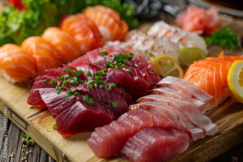 Close up of fresh raw amaebi fillet and sashimi on wooden board   a healthy dinner delight photo