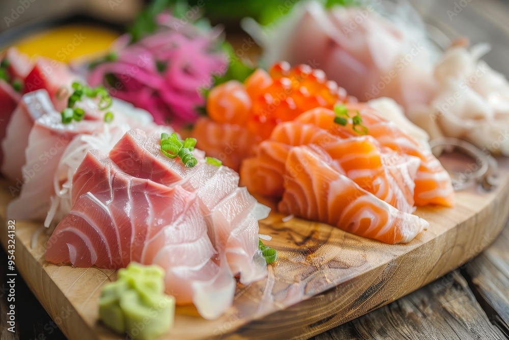 Fresh raw hamachi fillet and sashimi displayed on wooden board, healthy ingredients for dinner Fresh raw hamachi fillet and sashimi displayed on wooden board, healthy ingredients for dinner