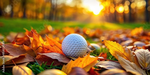 Golf ball resting on autumn greens surrounded by fallen leaves, serene beauty of nature