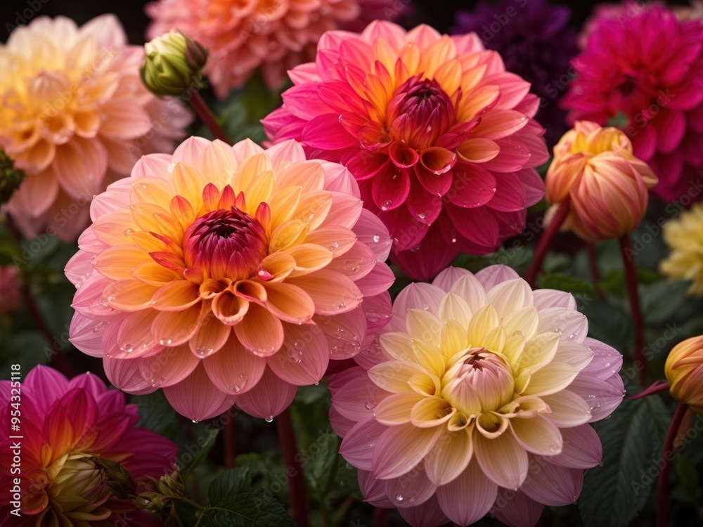 Colorful Dahlia Mix blooms with rain drops Colorful Dahlia Mix blooms with rain drops