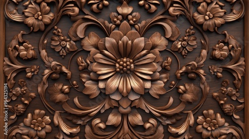 Intricate Carved Wooden Floral Pattern Background