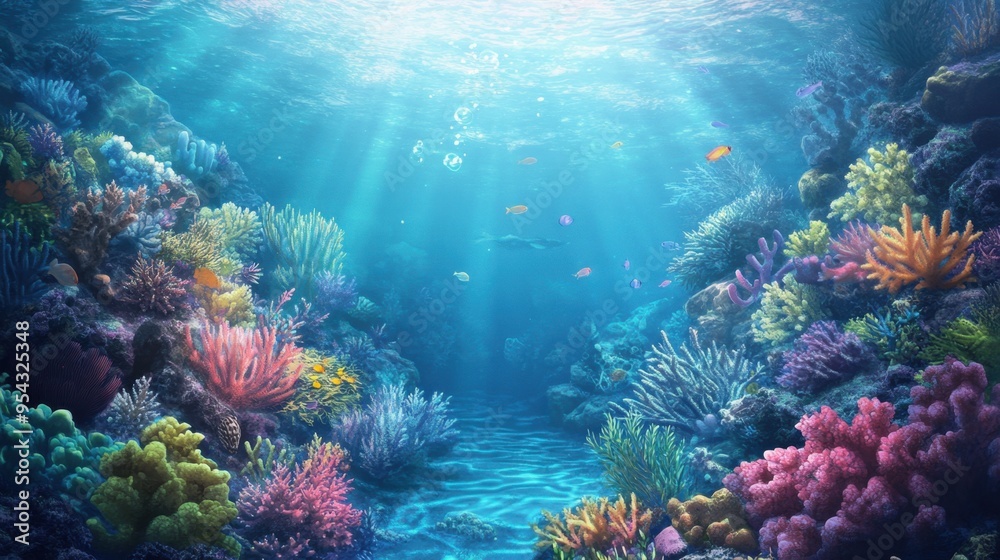 Fototapeta premium Vibrant Underwater Coral Reef Scene with Sunbeams and Fish