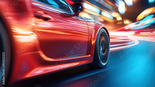 Red Sports Car Driving at Night with Motion Blur