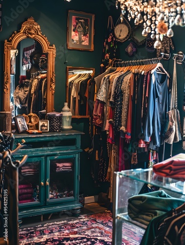 Illustration of A trendy fashion boutique designed with cluttercore elements, showcasing eclectic racks of clothes, ornate mirrors, and decorative accessories scattered artfully. Ai Generate.
 photo