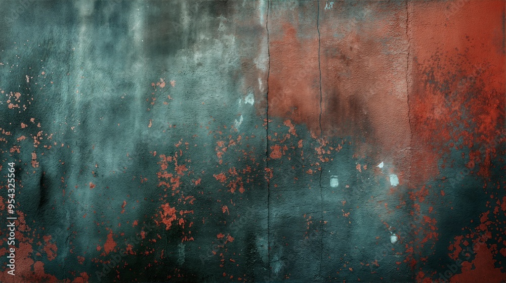 Fototapeta premium Grunge textured wall with abstract red and green patterns, featuring a distressed, aged surface