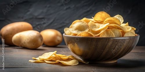 Crispy potato chips in a bowl with whole potatoes on black slate background photo